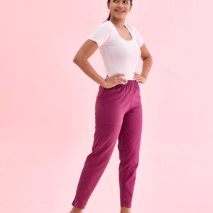Women Solid Dark Wine Cotton Pencil Pant