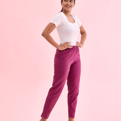 Women Solid Dark Wine Cotton Pencil Pant