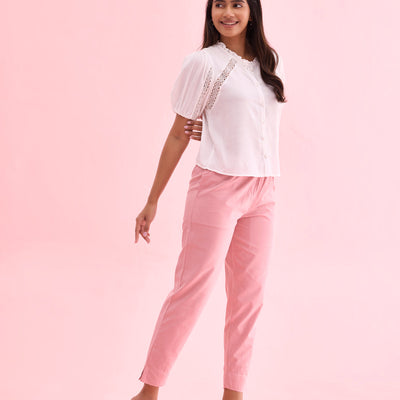 Women Solid Light Pink Cotton Pencil Pant