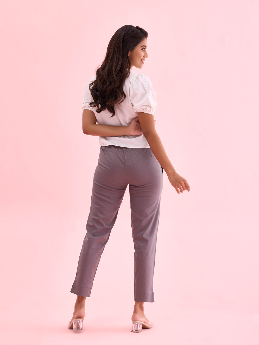 Women Solid Medium Grey Cotton Pencil Pant