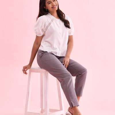 Women Solid Medium Grey Cotton Pencil Pant