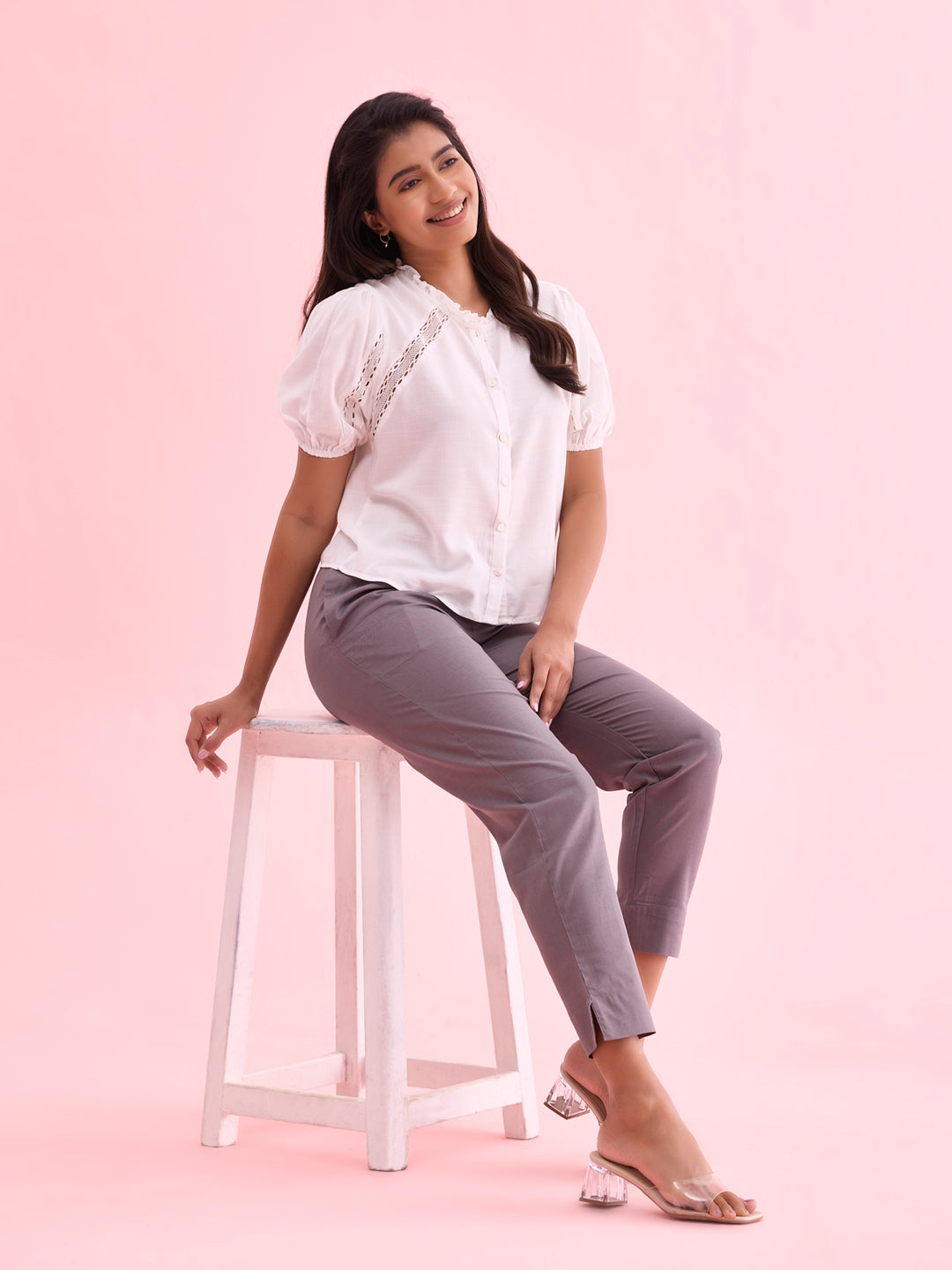 Women Solid Medium Grey Cotton Pencil Pant