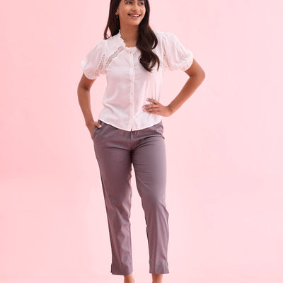 Women Solid Medium Grey Cotton Pencil Pant