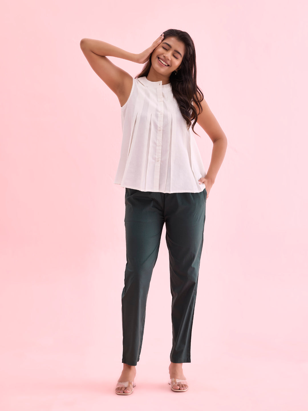 Women Solid Dark Green Comfort Fit Cotton Pants