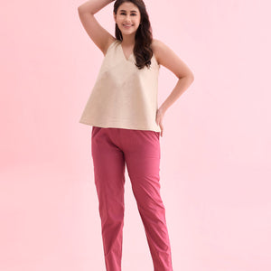Women Solid Dark Pink Mid Rise Cotton Pants