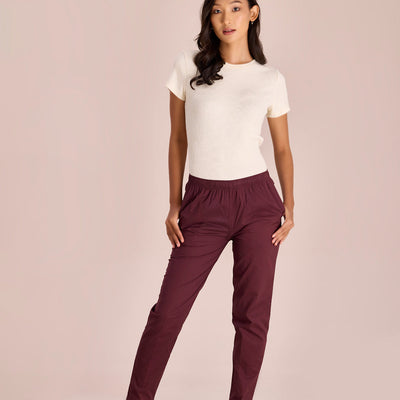 Women Solid Dark Wine Comfort Fit Cotton Pants