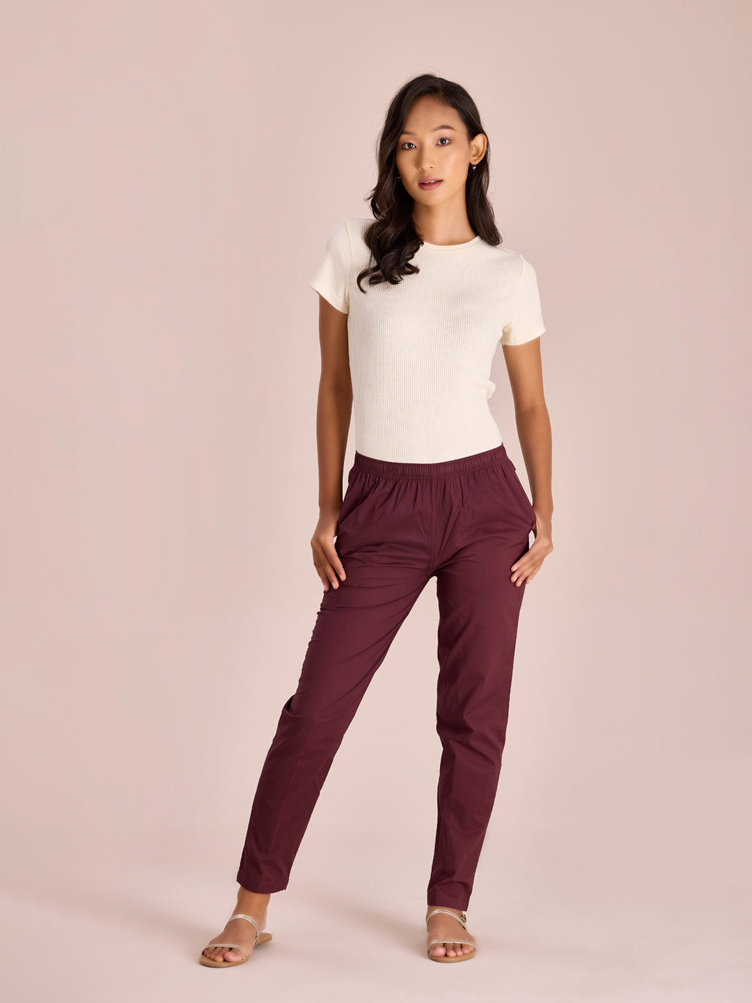 Women Solid Dark Wine Comfort Fit Cotton Pants