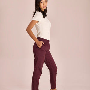 Women Solid Dark Wine Comfort Fit Cotton Pants