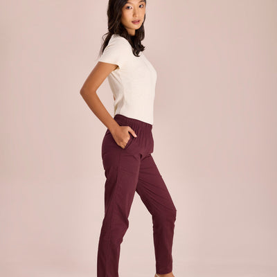 Women Solid Dark Wine Comfort Fit Cotton Pants