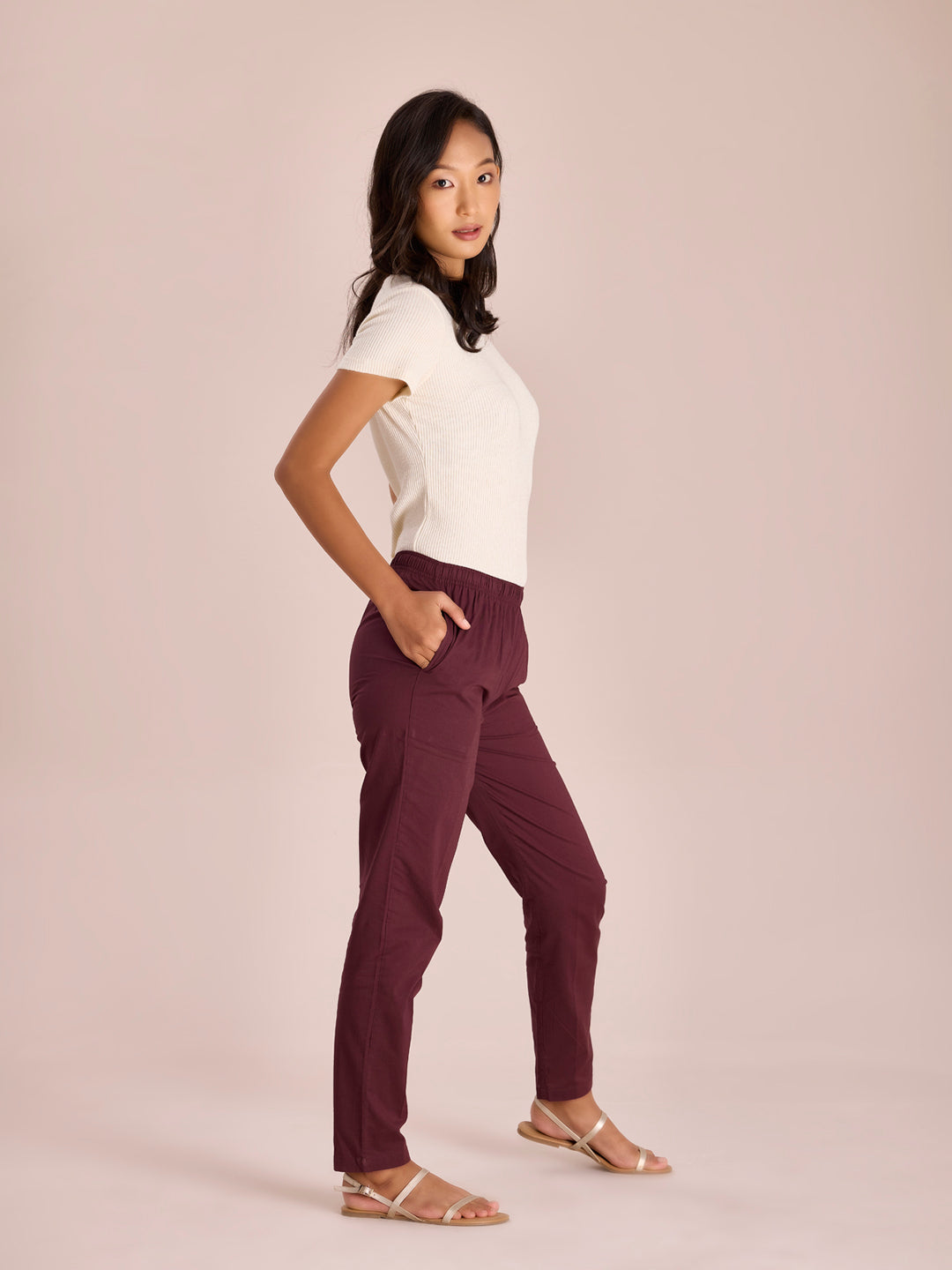 Women Solid Dark Wine Comfort Fit Cotton Pants