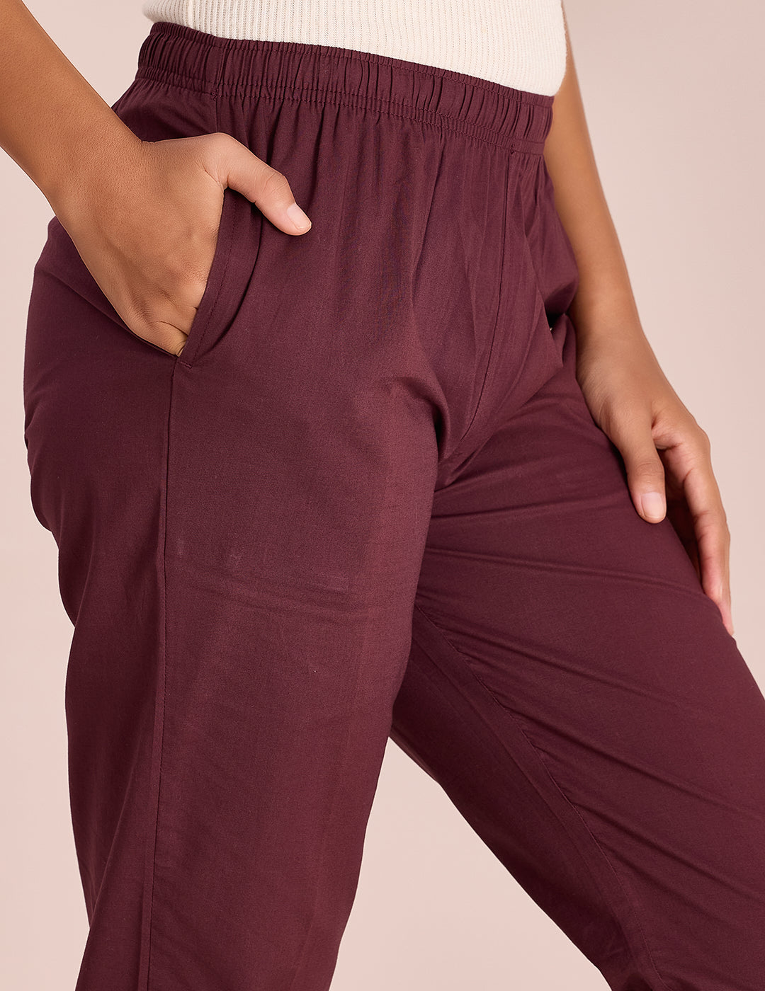 Women Solid Dark Wine Comfort Fit Cotton Pants