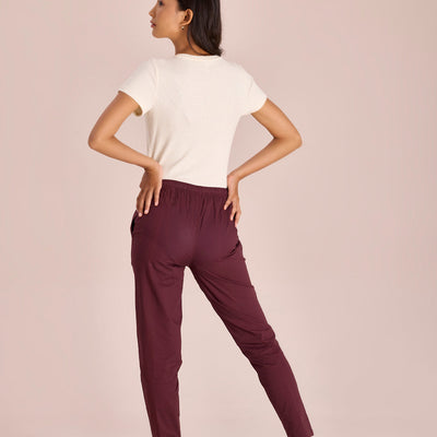 Women Solid Dark Wine Comfort Fit Cotton Pants