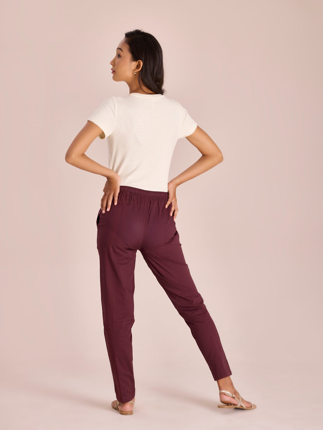 Women Solid Dark Wine Comfort Fit Cotton Pants