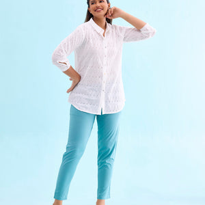Women Solid Light Mint Mid Rise Cotton Pants