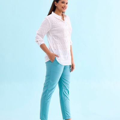 Women Solid Light Mint Mid Rise Cotton Pants