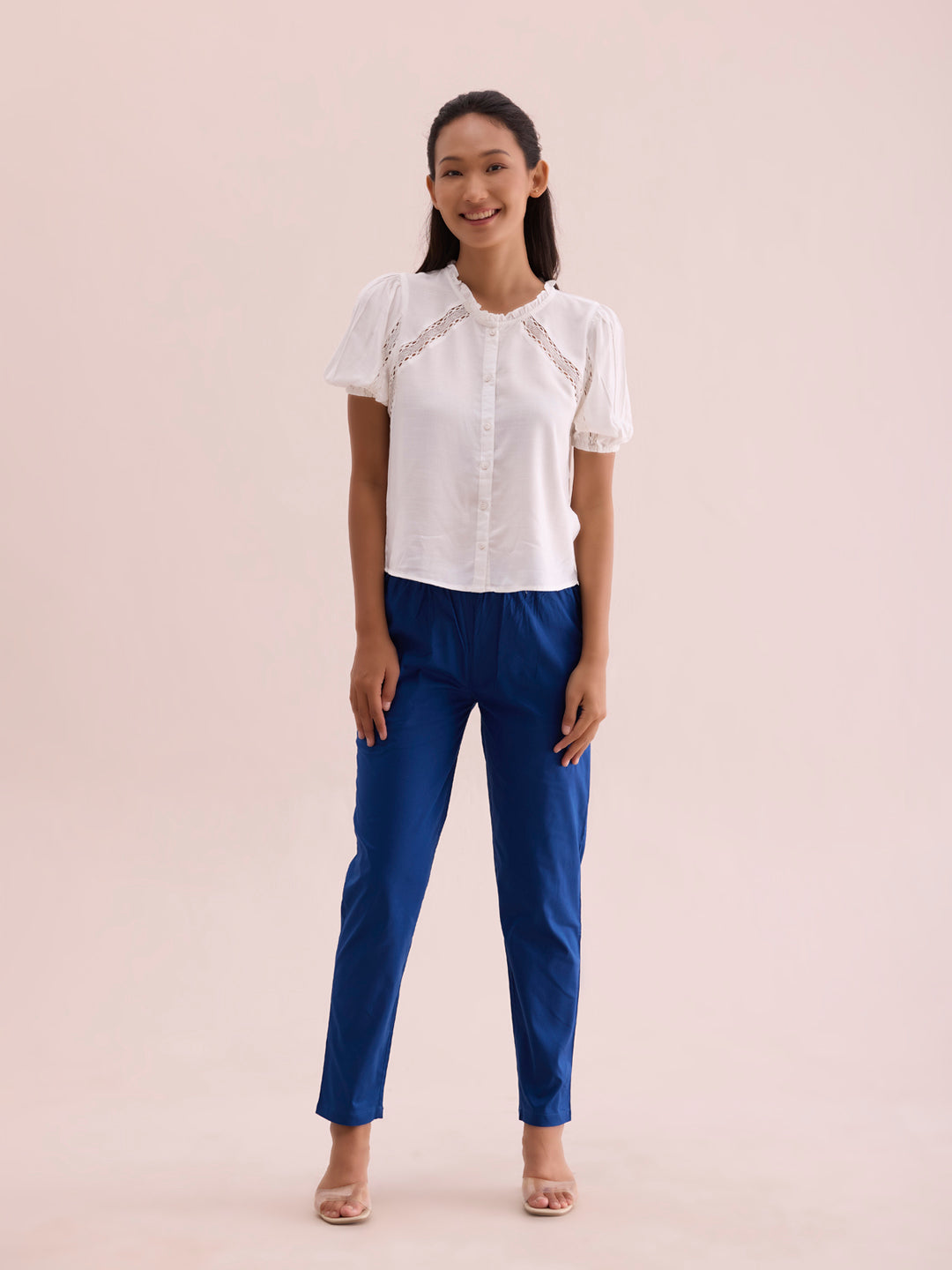 Women Solid Royal Mid Rise Cotton Pants