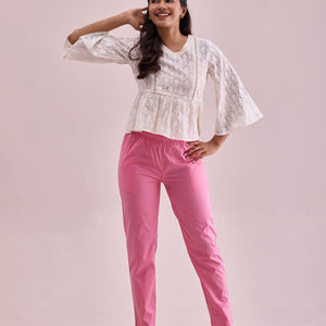 Women Solid Young Pink Mid Rise Cotton Pants
