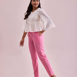 Women Solid Young Pink Mid Rise Cotton Pants