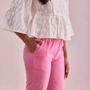Women Solid Young Pink Mid Rise Cotton Pants