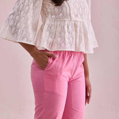 Women Solid Young Pink Mid Rise Cotton Pants