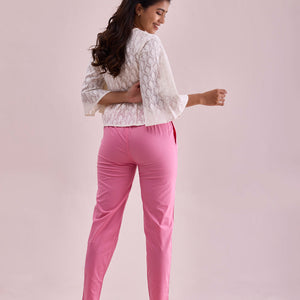 Women Solid Young Pink Mid Rise Cotton Pants