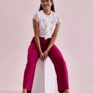 Women Solid Dark Rose Linen Cargo Pant