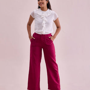 Women Solid Dark Rose Linen Cargo Pant