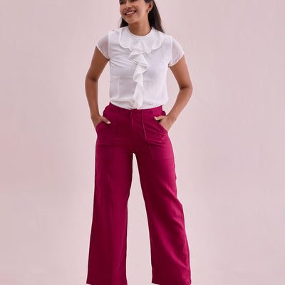 Women Solid Dark Rose Linen Cargo Pant