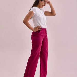 Women Solid Dark Rose Linen Cargo Pant