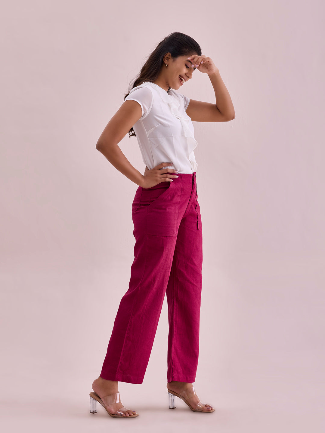 Women Solid Dark Rose Linen Cargo Pant