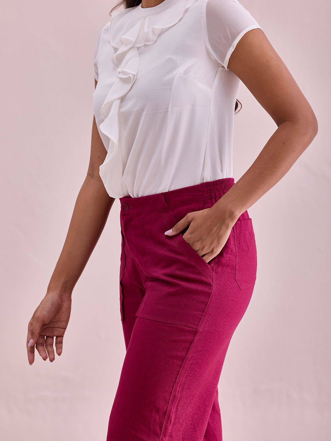 Women Solid Dark Rose Linen Cargo Pant