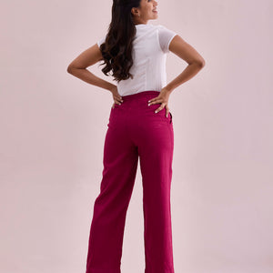 Women Solid Dark Rose Linen Cargo Pant