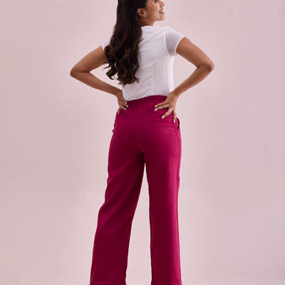 Women Solid Dark Rose Linen Cargo Pant