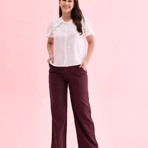 Women Solid Dark Wine Linen Cargo Pant