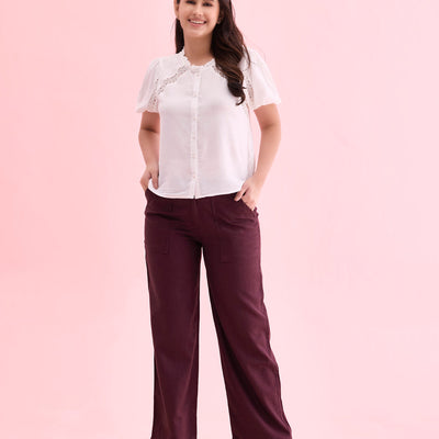 Women Solid Dark Wine Linen Cargo Pant