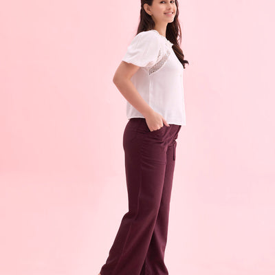 Women Solid Dark Wine Linen Cargo Pant