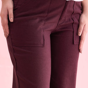 Women Solid Dark Wine Linen Cargo Pant