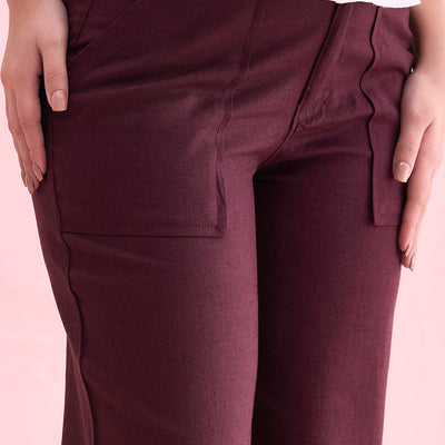 Women Solid Dark Wine Linen Cargo Pant