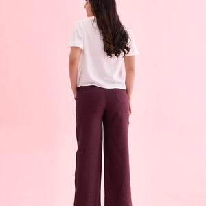 Women Solid Dark Wine Linen Cargo Pant