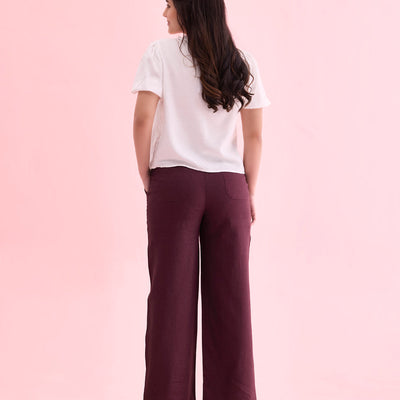 Women Solid Dark Wine Linen Cargo Pant