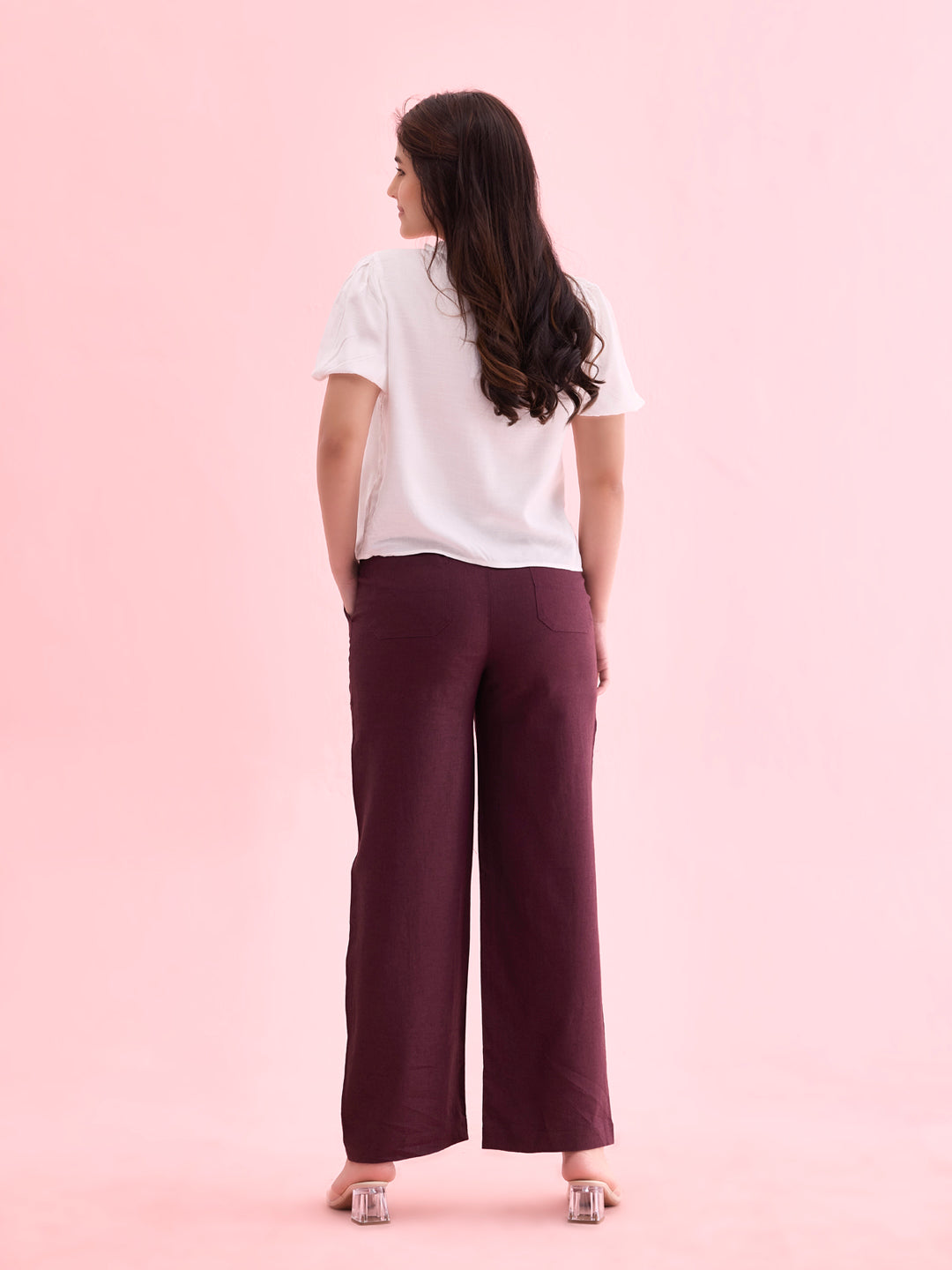Women Solid Dark Wine Linen Cargo Pant