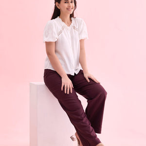Women Solid Dark Wine Linen Cargo Pant
