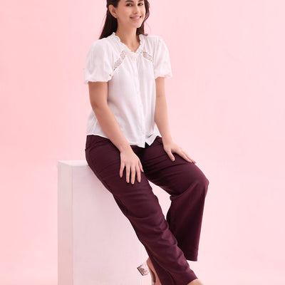 Women Solid Dark Wine Linen Cargo Pant