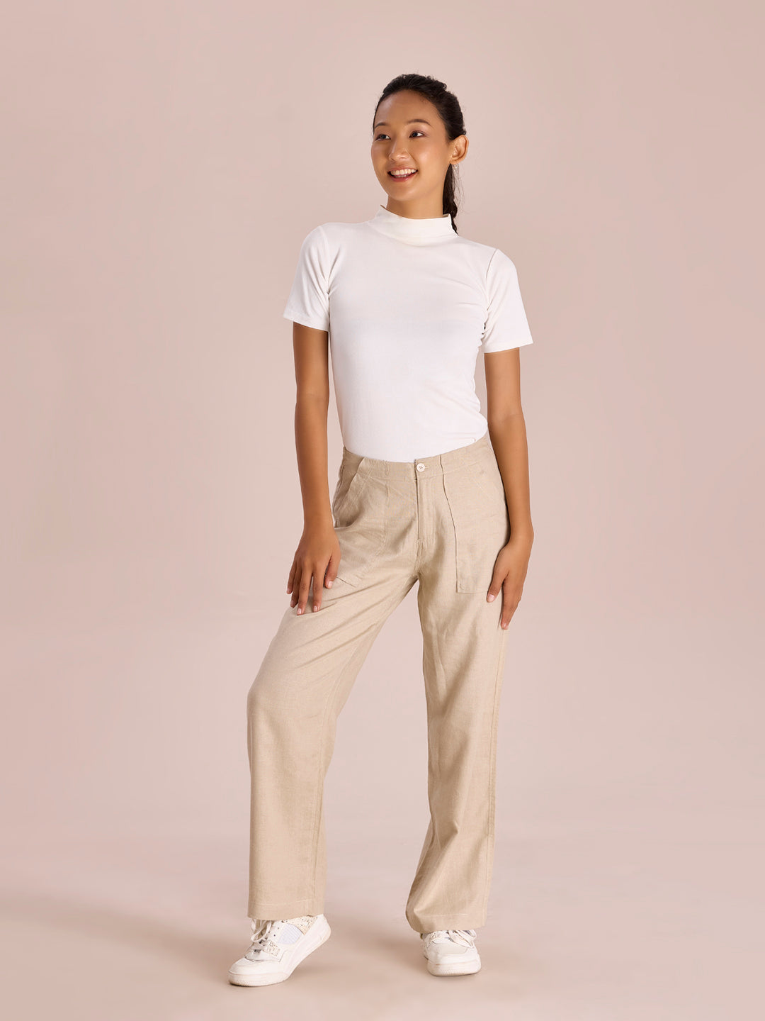 Women Light Beige Linen Cargo Pant