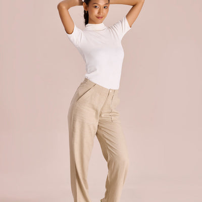 Women Light Beige Linen Cargo Pant