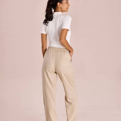 Women Light Beige Linen Cargo Pant
