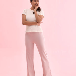Women Solid Baby Pink High Rise Ponte Bell Bottoms