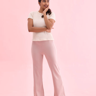 Women Solid Baby Pink High Rise Ponte Bell Bottoms