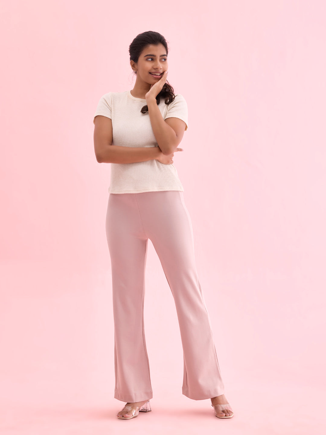 Women Solid Baby Pink High Rise Ponte Bell Bottoms