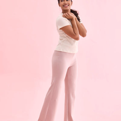 Women Solid Baby Pink High Rise Ponte Bell Bottoms